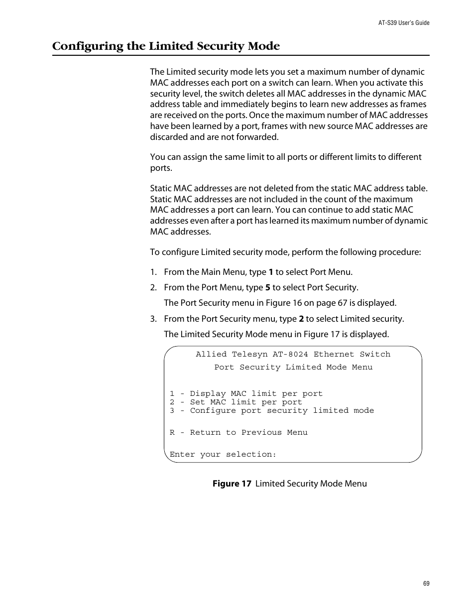 Configuring the limited security mode, Figure 17: limited security mode menu | Allied Telesis AT-S39 User Manual | Page 69 / 242