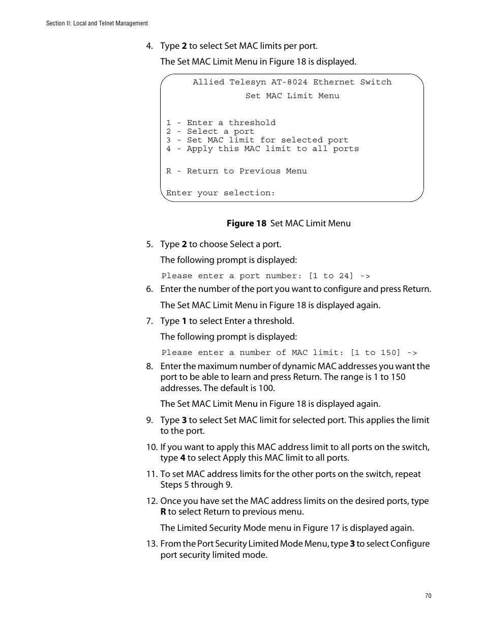 Figure 18: set mac limit menu | Allied Telesis AT-S39 User Manual | Page 70 / 242