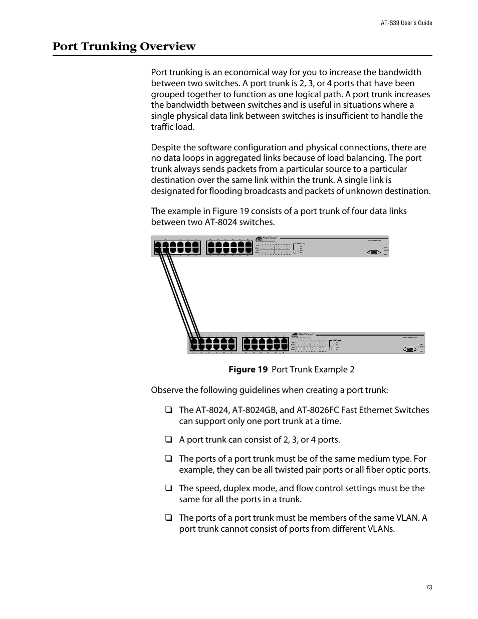 Port trunking overview, Figure 19: port trunk example 2, At-s39 user’s guide 73 | Allied Telesis AT-S39 User Manual | Page 73 / 242