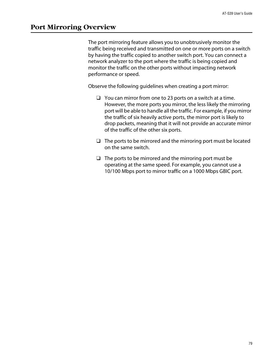 Port mirroring overview | Allied Telesis AT-S39 User Manual | Page 79 / 242