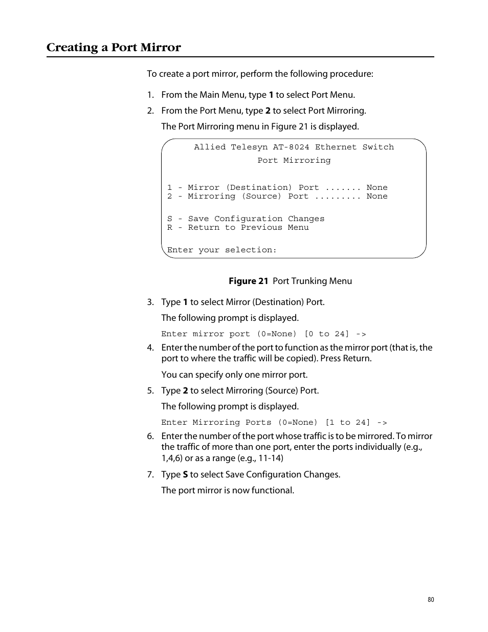 Creating a port mirror, Figure 21: port trunking menu | Allied Telesis AT-S39 User Manual | Page 80 / 242
