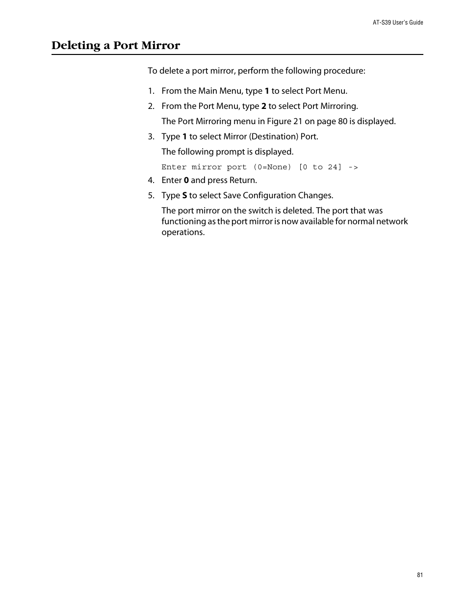 Deleting a port mirror | Allied Telesis AT-S39 User Manual | Page 81 / 242