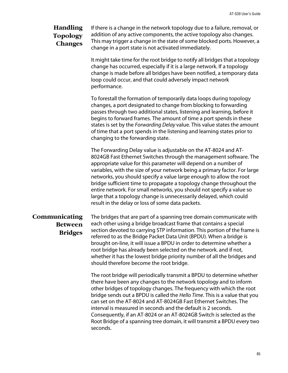 Handling topology changes, Communicating between bridges | Allied Telesis AT-S39 User Manual | Page 85 / 242