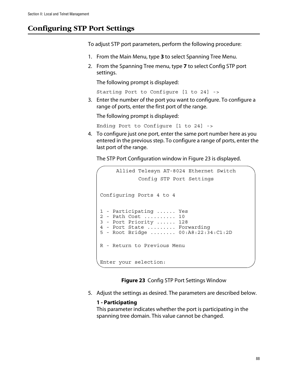 Configuring stp port settings, Figure 23: config stp port settings window | Allied Telesis AT-S39 User Manual | Page 88 / 242