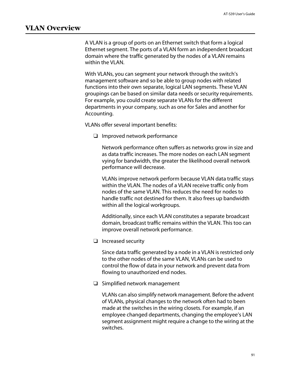 Vlan overview | Allied Telesis AT-S39 User Manual | Page 91 / 242