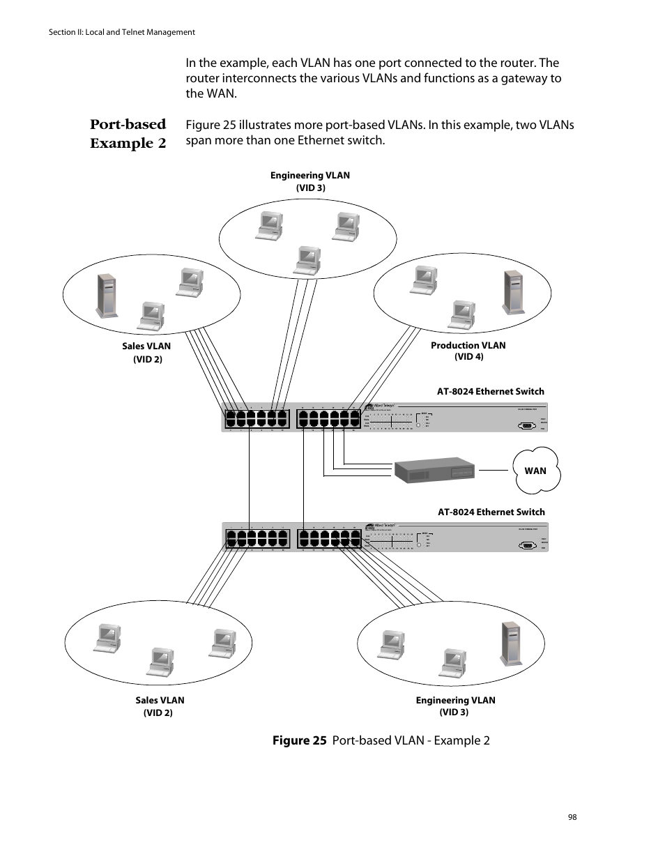 Port-based example 2, Figure 25: port-based vlan - example 2 | Allied Telesis AT-S39 User Manual | Page 98 / 242