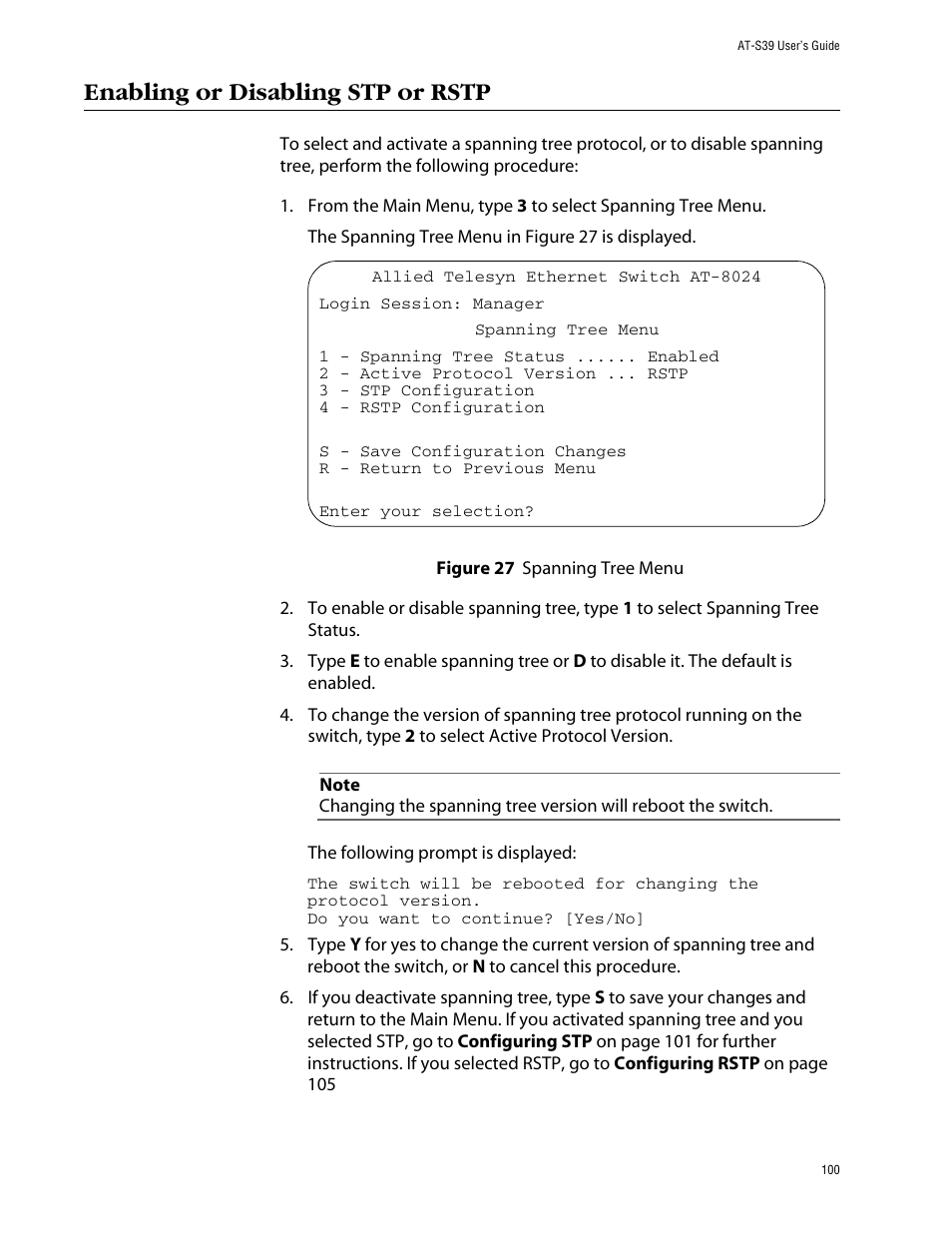 Enabling or disabling stp or rstp, Figure 27: spanning tree menu | Allied Telesis AT-S39 User Manual | Page 100 / 299