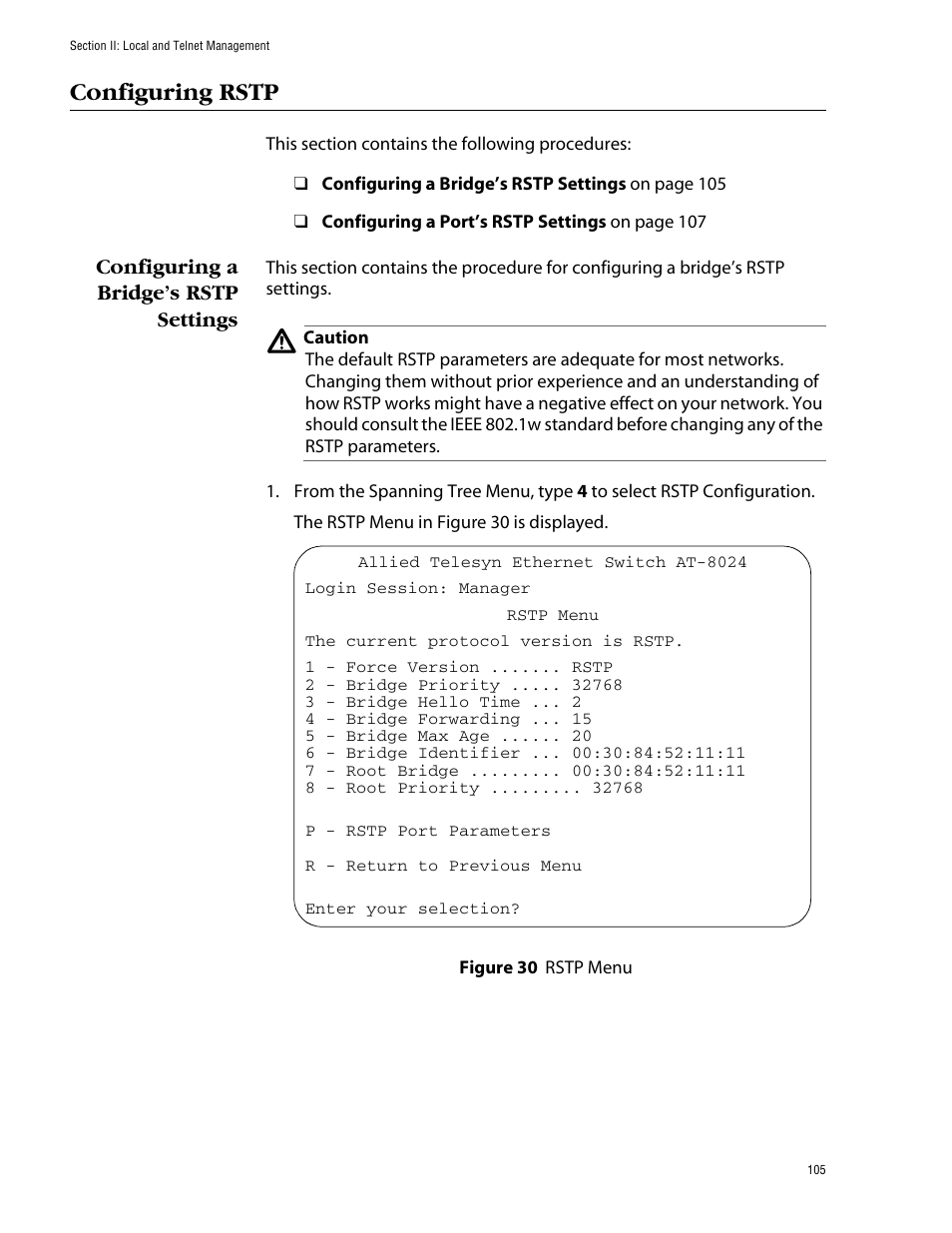 Configuring rstp, Configuring a bridge’s rstp settings, Figure 30: rstp menu | Allied Telesis AT-S39 User Manual | Page 105 / 299