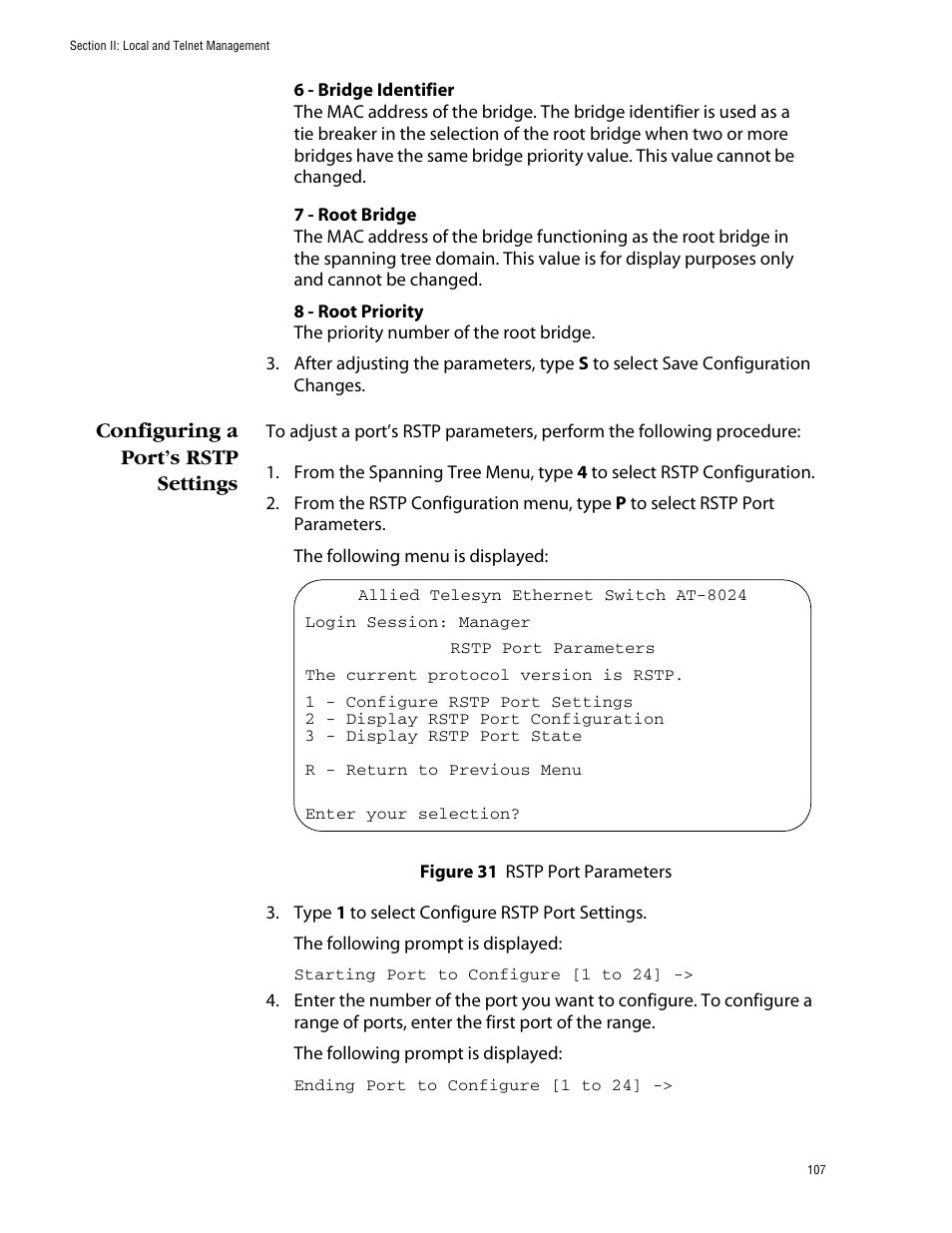 Configuring a port’s rstp settings, Figure 31: rstp port parameters | Allied Telesis AT-S39 User Manual | Page 107 / 299