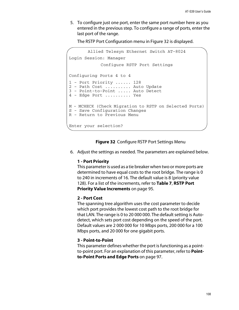 Figure 32: configure rstp port settings menu | Allied Telesis AT-S39 User Manual | Page 108 / 299