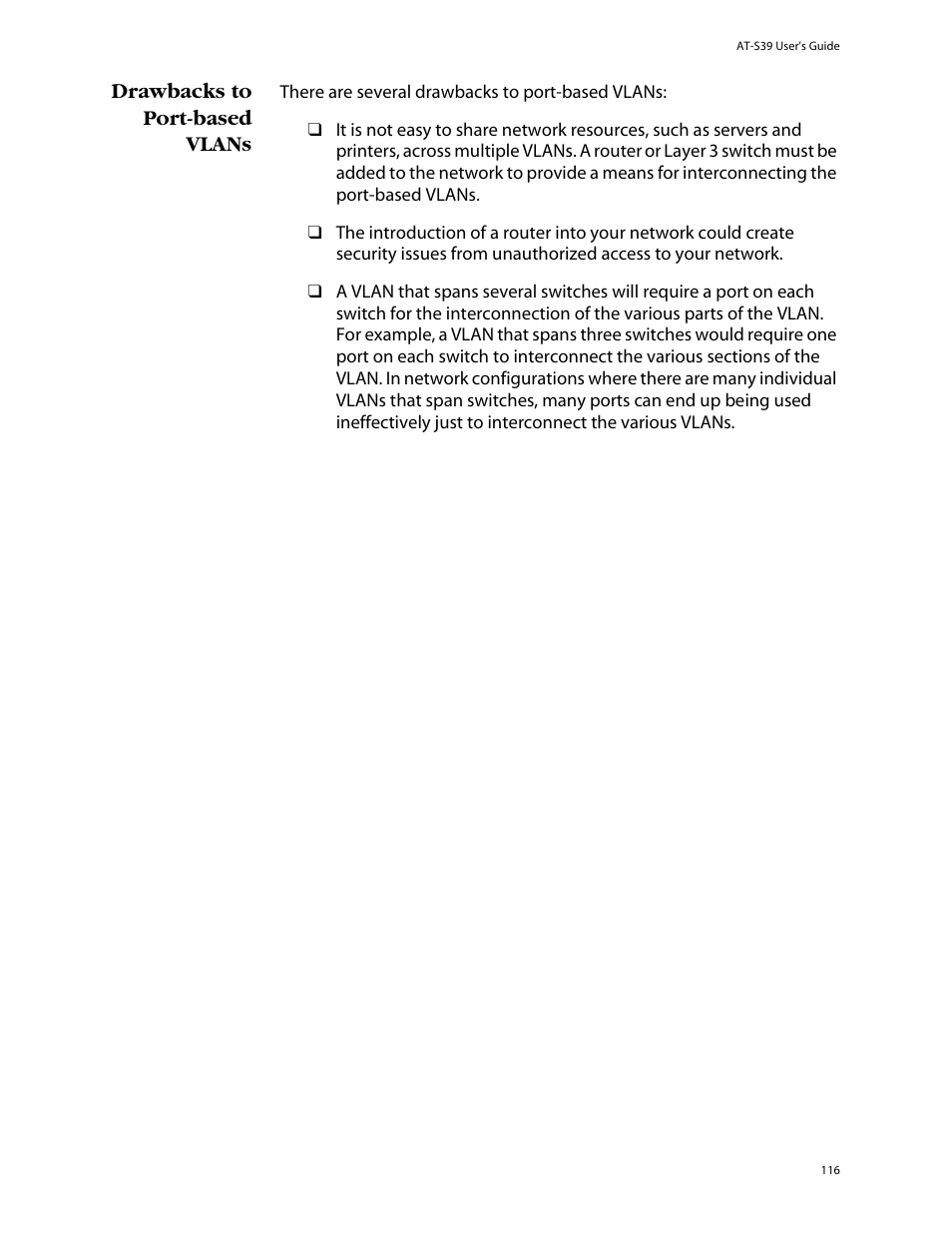Drawbacks to port-based vlans | Allied Telesis AT-S39 User Manual | Page 116 / 299