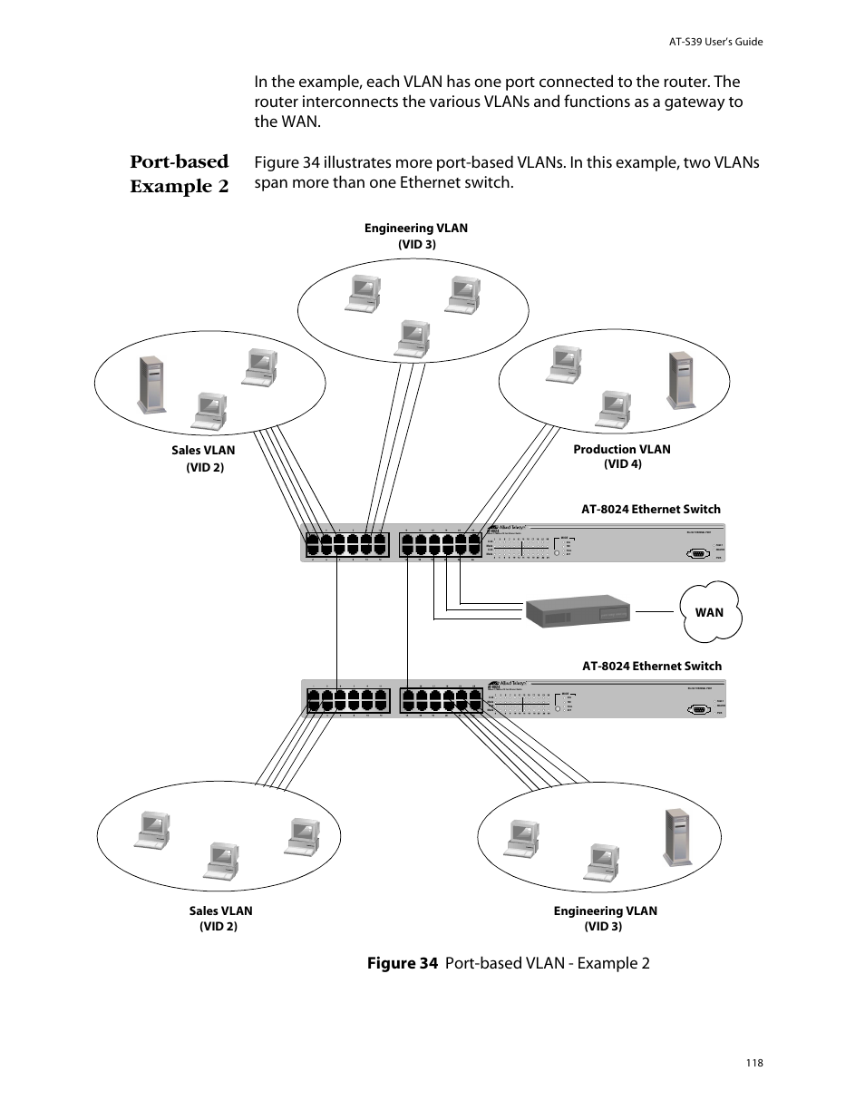 Port-based example 2, Figure 34: port-based vlan - example 2 | Allied Telesis AT-S39 User Manual | Page 118 / 299