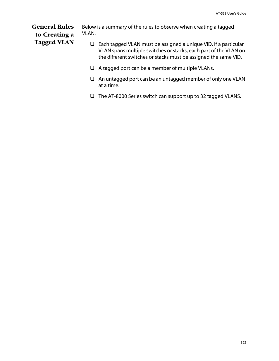 General rules to creating a tagged vlan | Allied Telesis AT-S39 User Manual | Page 122 / 299