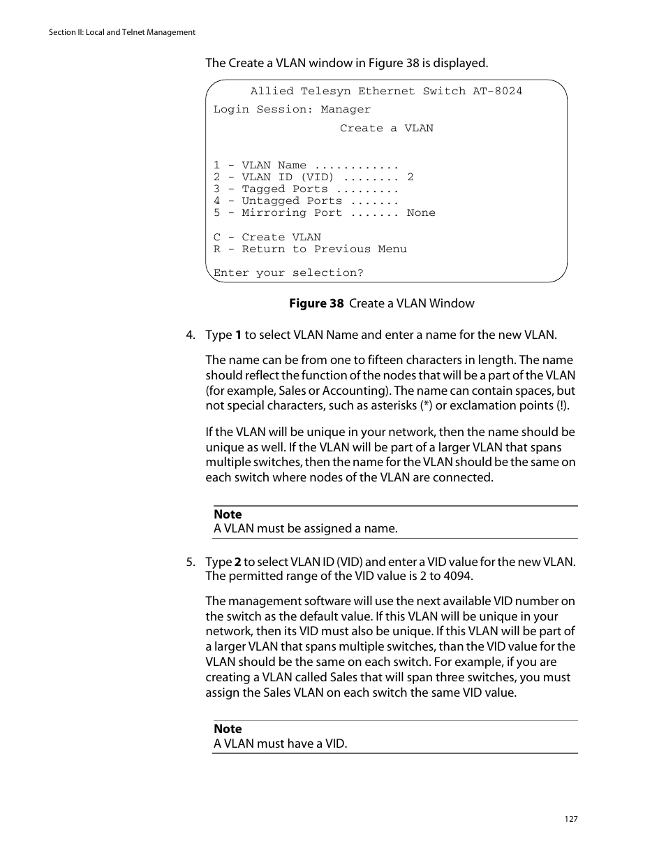 Figure 38: create a vlan window | Allied Telesis AT-S39 User Manual | Page 127 / 299