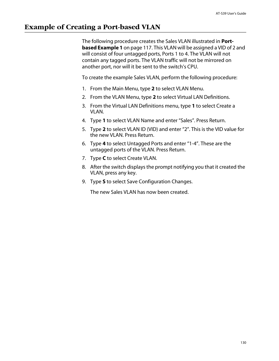 Example of creating a port-based vlan | Allied Telesis AT-S39 User Manual | Page 130 / 299