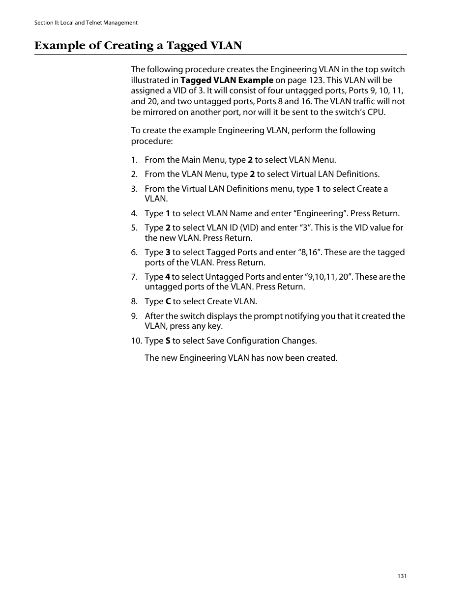 Example of creating a tagged vlan | Allied Telesis AT-S39 User Manual | Page 131 / 299