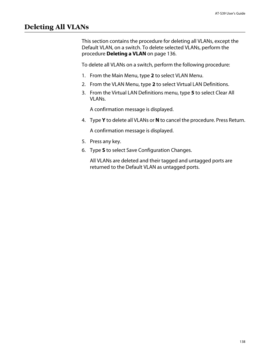 Deleting all vlans | Allied Telesis AT-S39 User Manual | Page 138 / 299