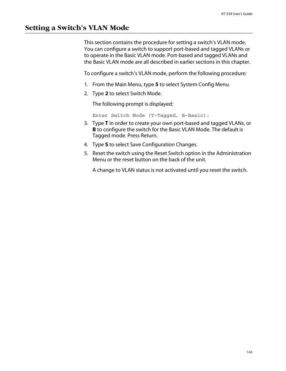Setting a switch’s vlan mode | Allied Telesis AT-S39 User Manual | Page 142 / 299