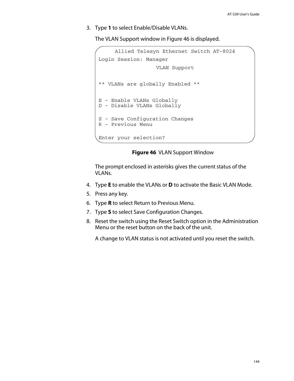 Figure 46: vlan support window | Allied Telesis AT-S39 User Manual | Page 144 / 299