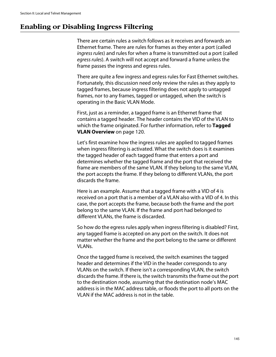 Enabling or disabling ingress filtering | Allied Telesis AT-S39 User Manual | Page 145 / 299