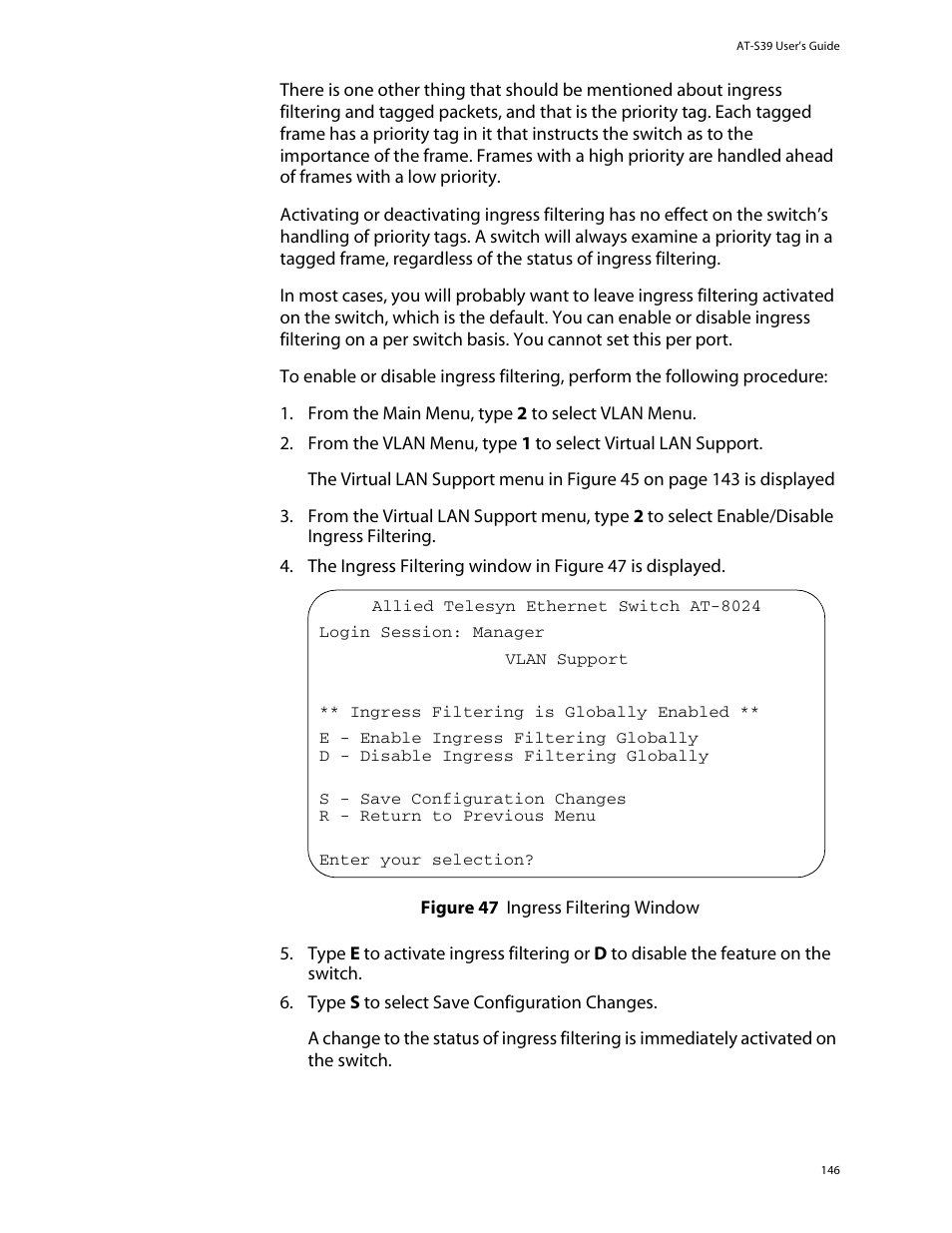 Figure 47: ingress filtering window | Allied Telesis AT-S39 User Manual | Page 146 / 299