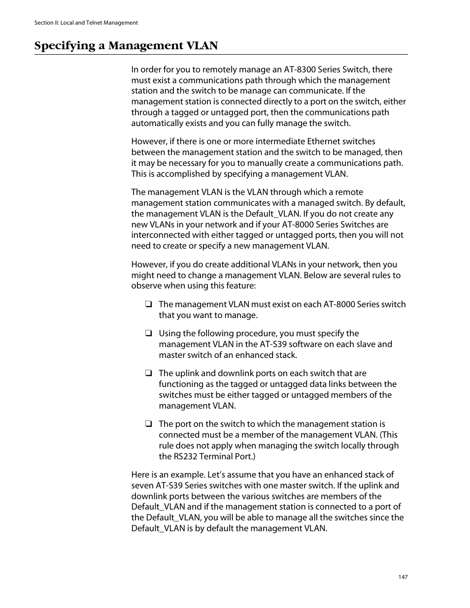 Specifying a management vlan | Allied Telesis AT-S39 User Manual | Page 147 / 299