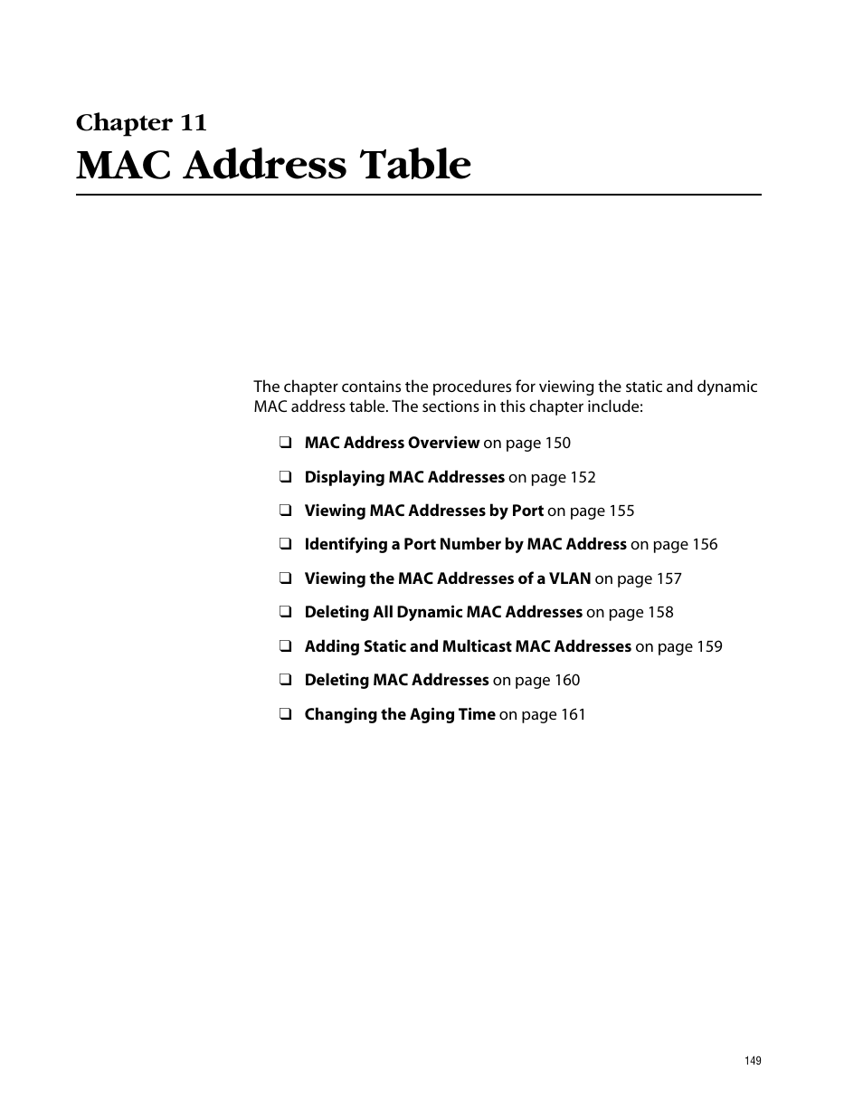 Chapter 11, Mac address table | Allied Telesis AT-S39 User Manual | Page 149 / 299