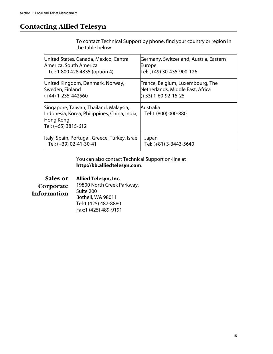 Contacting allied telesyn, Sales or corporate information | Allied Telesis AT-S39 User Manual | Page 15 / 299