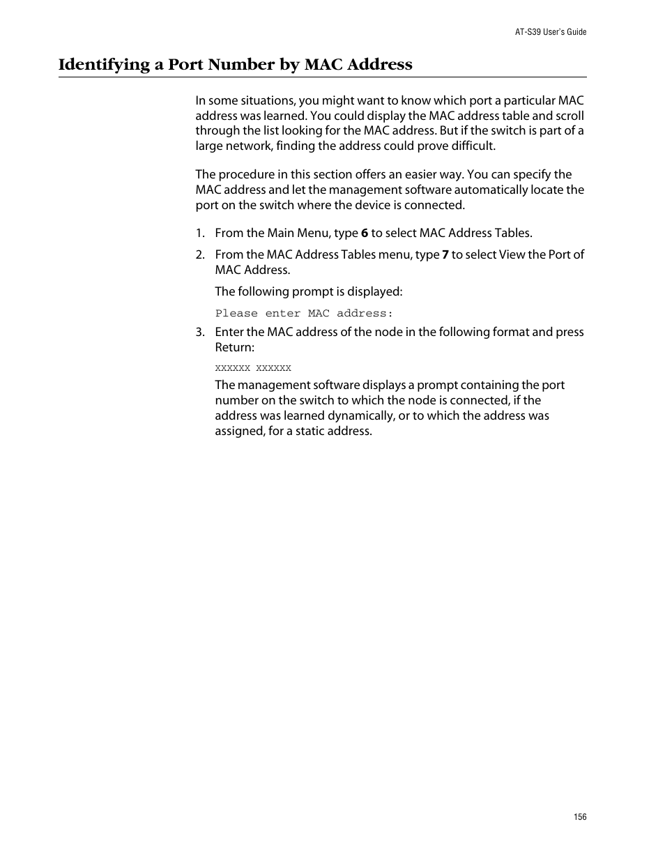 Identifying a port number by mac address | Allied Telesis AT-S39 User Manual | Page 156 / 299