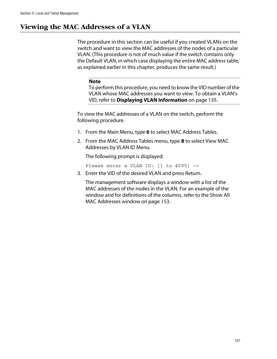 Viewing the mac addresses of a vlan | Allied Telesis AT-S39 User Manual | Page 157 / 299