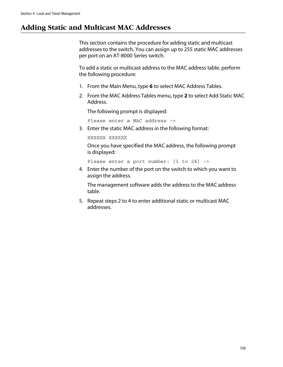 Adding static and multicast mac addresses | Allied Telesis AT-S39 User Manual | Page 159 / 299