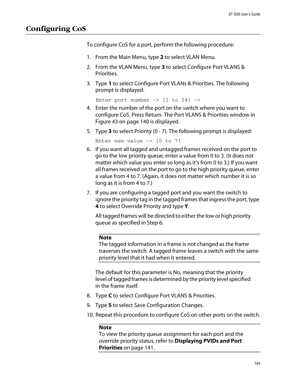 Configuring cos | Allied Telesis AT-S39 User Manual | Page 164 / 299