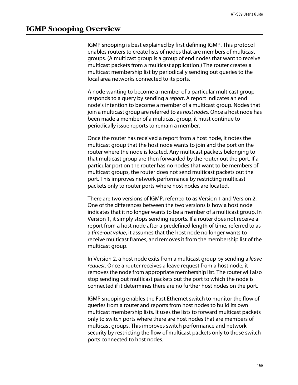 Igmp snooping overview | Allied Telesis AT-S39 User Manual | Page 166 / 299