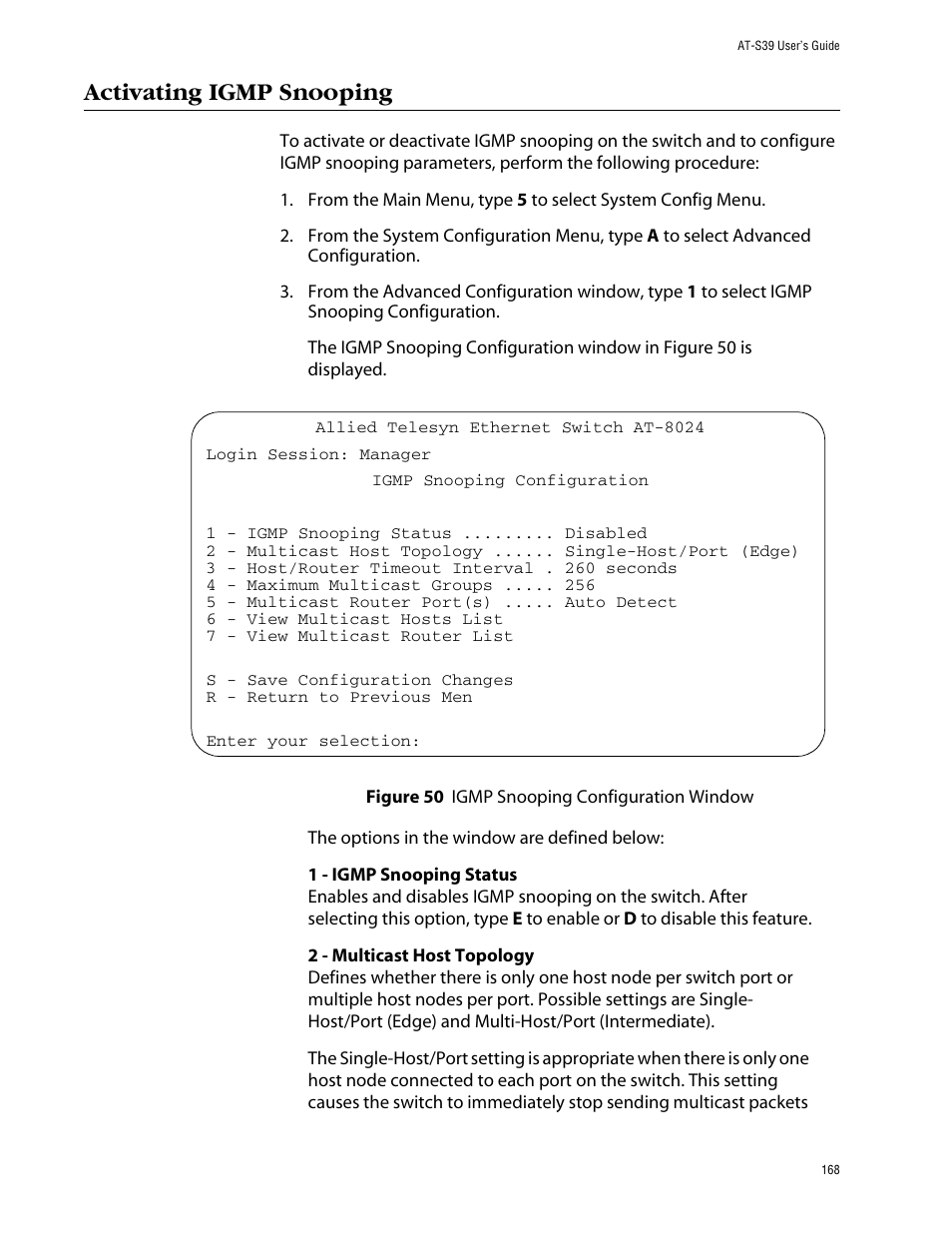 Activating igmp snooping, Figure 50: igmp snooping configuration window | Allied Telesis AT-S39 User Manual | Page 168 / 299