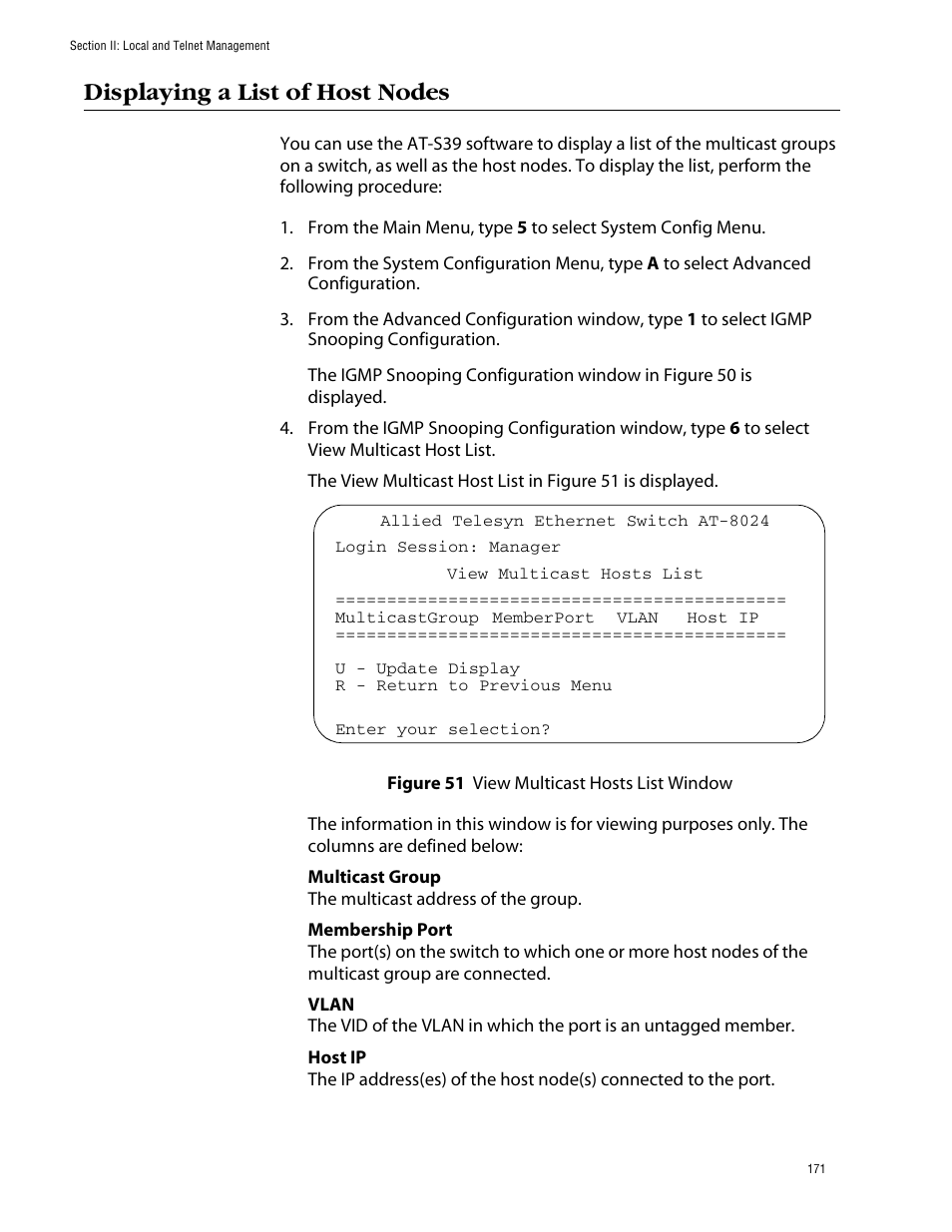 Displaying a list of host nodes, Figure 51: view multicast hosts list window | Allied Telesis AT-S39 User Manual | Page 171 / 299