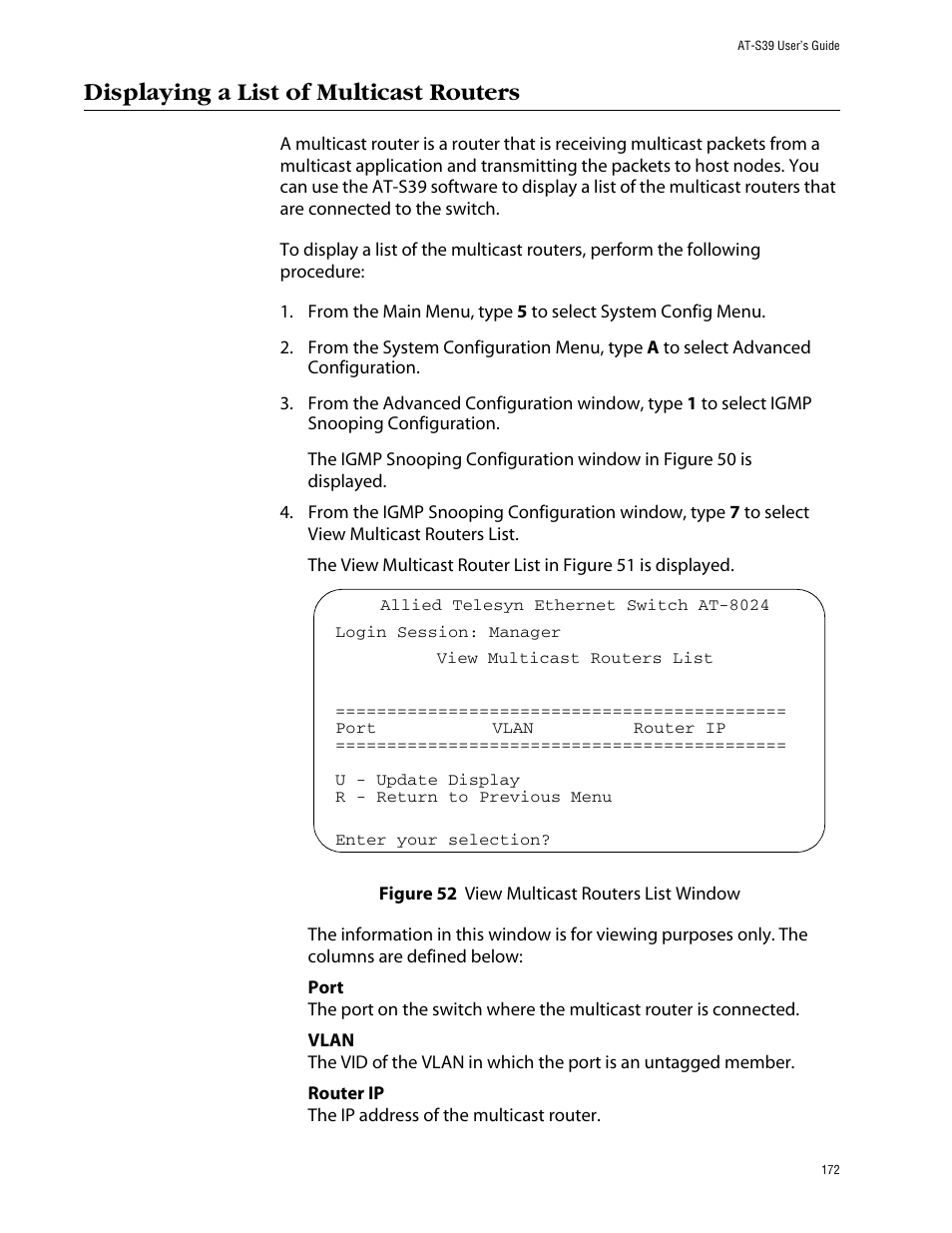 Displaying a list of multicast routers, Figure 52: view multicast routers list window | Allied Telesis AT-S39 User Manual | Page 172 / 299