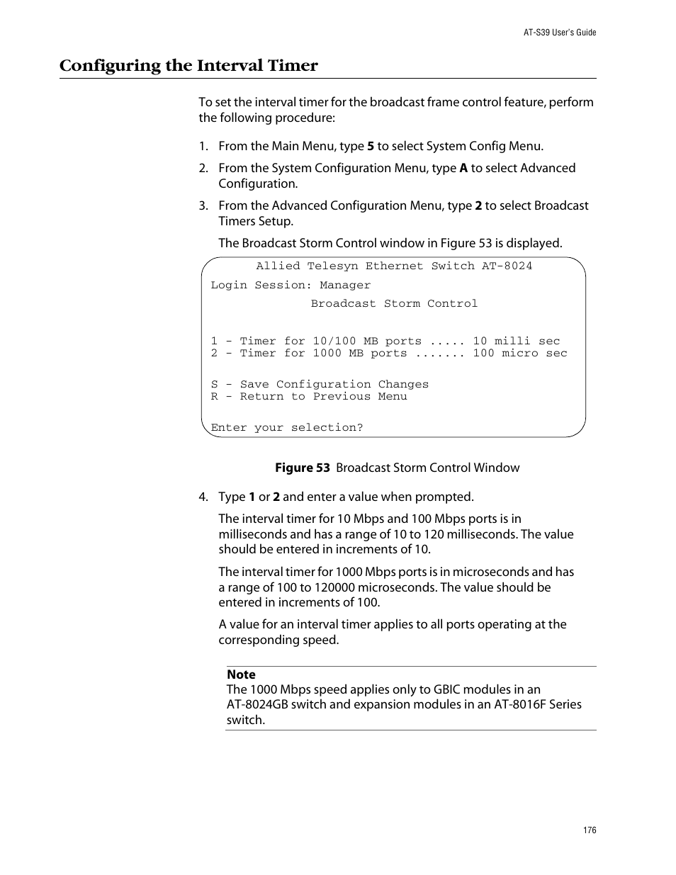 Configuring the interval timer, Figure 53: broadcast storm control window | Allied Telesis AT-S39 User Manual | Page 176 / 299