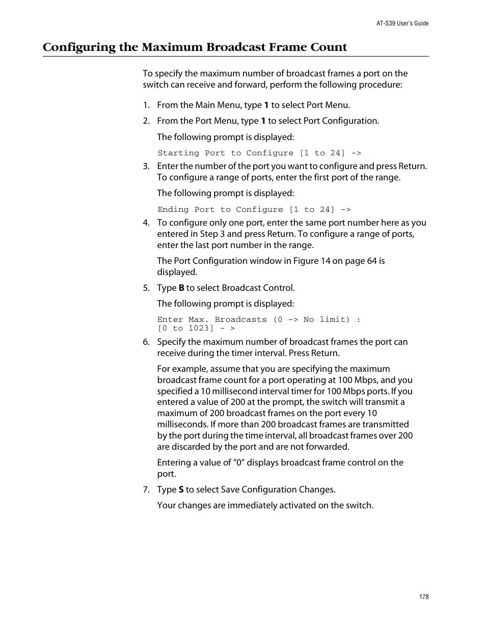 Configuring the maximum broadcast frame count | Allied Telesis AT-S39 User Manual | Page 178 / 299