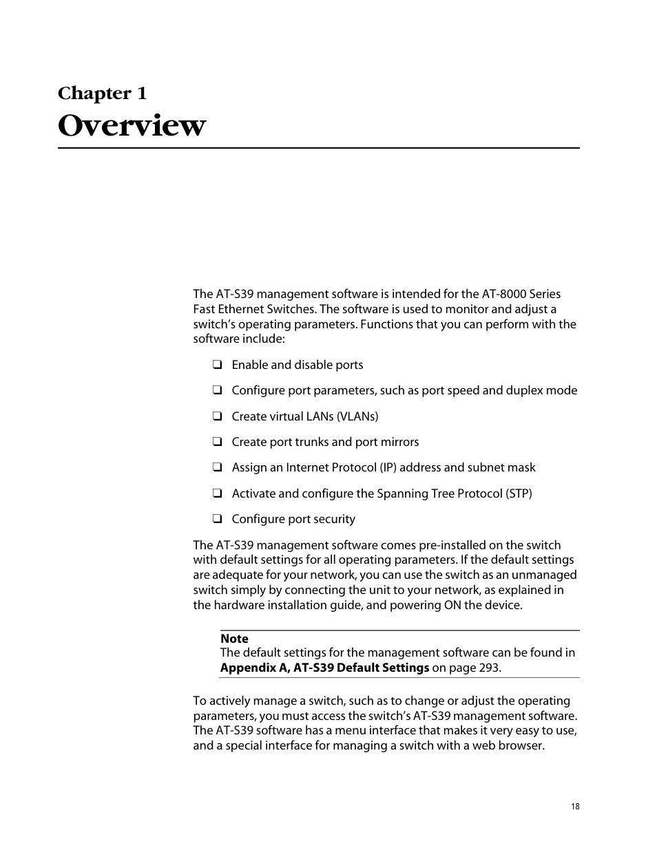 Chapter 1, Overview | Allied Telesis AT-S39 User Manual | Page 18 / 299