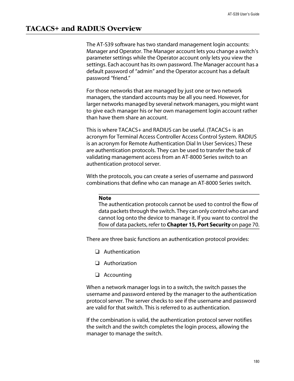 Tacacs+ and radius overview | Allied Telesis AT-S39 User Manual | Page 180 / 299