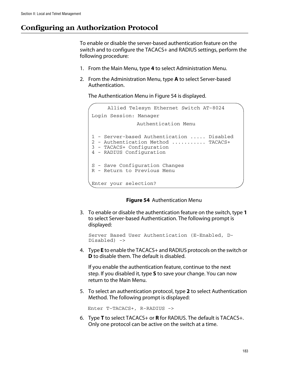 Configuring an authorization protocol, Figure 54: authentication menu | Allied Telesis AT-S39 User Manual | Page 183 / 299