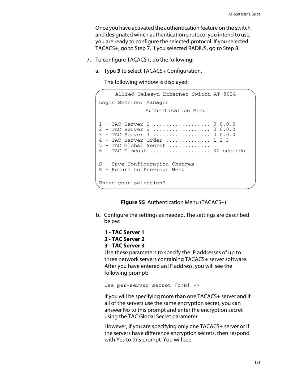 Figure 55: authentication menu (tacacs+) | Allied Telesis AT-S39 User Manual | Page 184 / 299