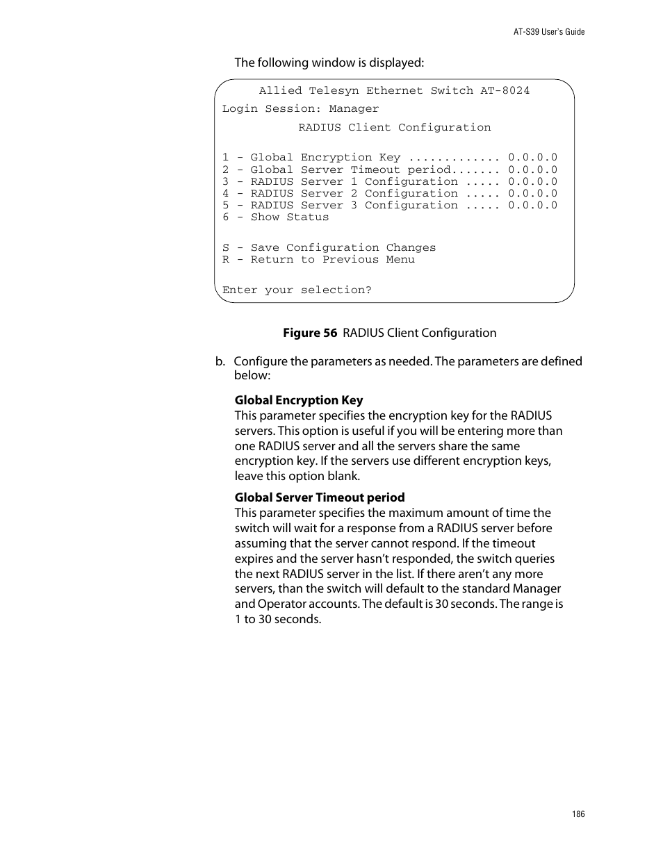 Figure 56: radius client configuration | Allied Telesis AT-S39 User Manual | Page 186 / 299