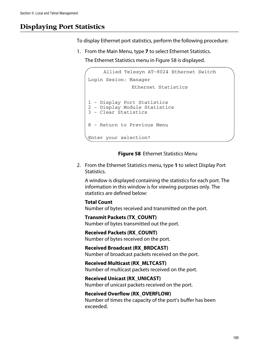 Displaying port statistics, Figure 58: ethernet statistics menu | Allied Telesis AT-S39 User Manual | Page 189 / 299