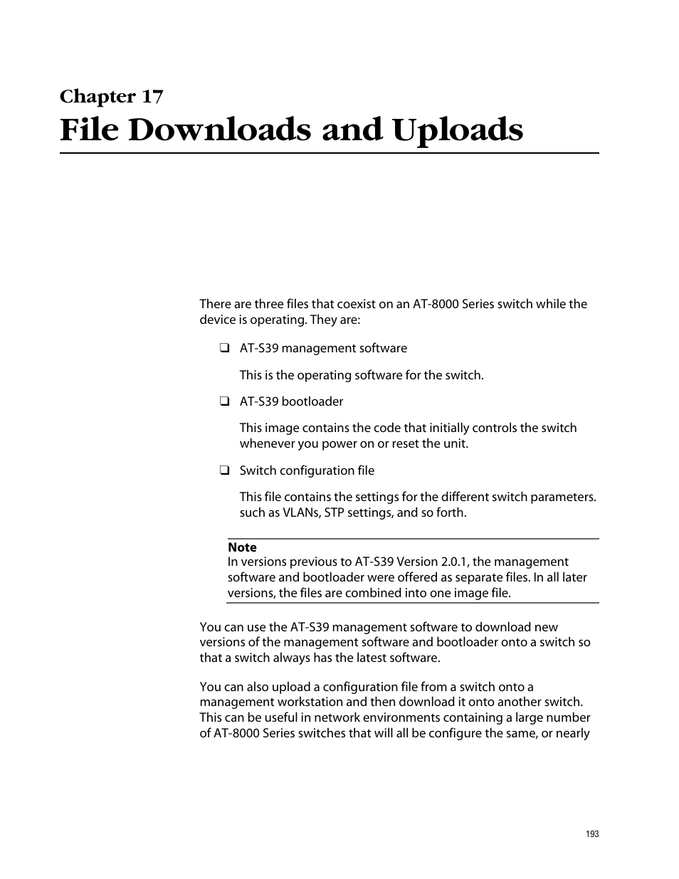 Chapter 17, File downloads and uploads | Allied Telesis AT-S39 User Manual | Page 193 / 299