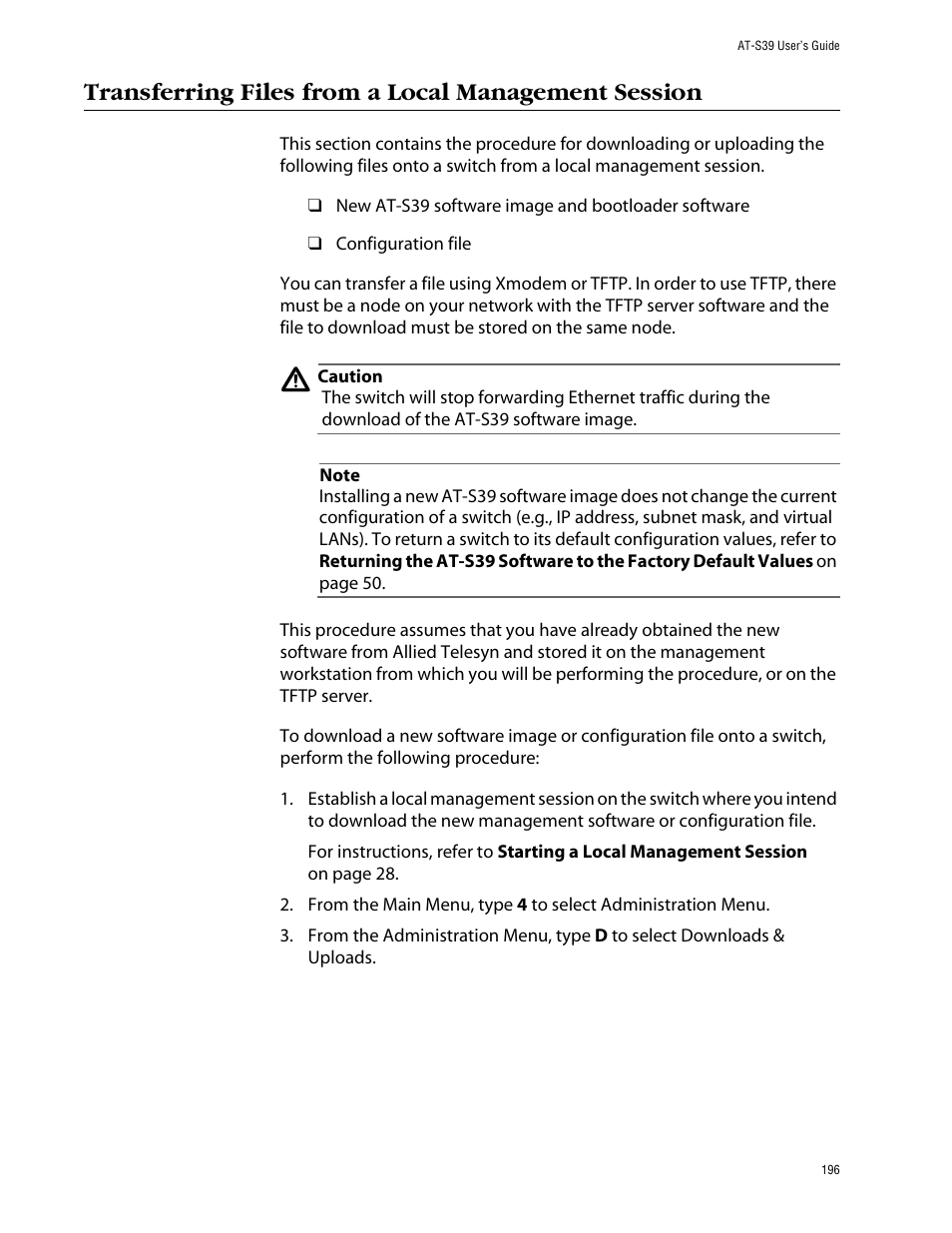 Transferring files from a local management session | Allied Telesis AT-S39 User Manual | Page 196 / 299