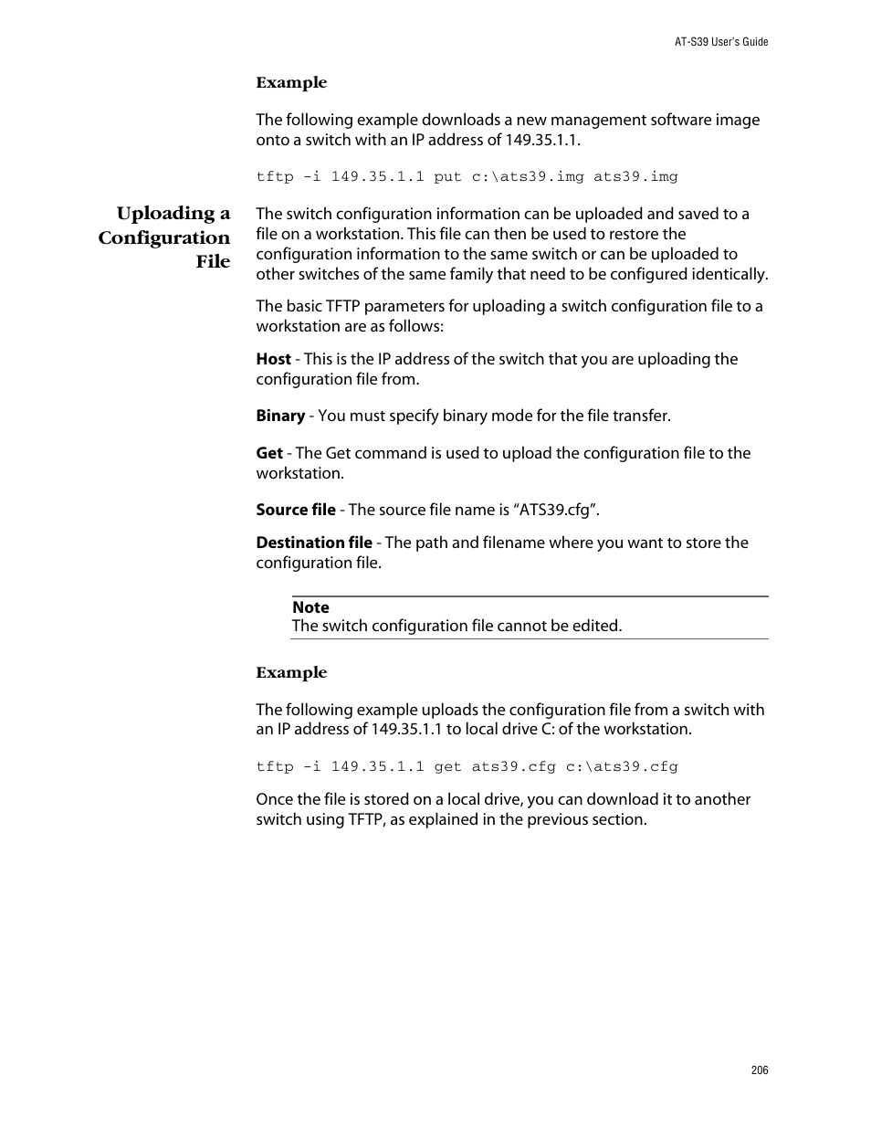 Uploading a configuration file | Allied Telesis AT-S39 User Manual | Page 206 / 299