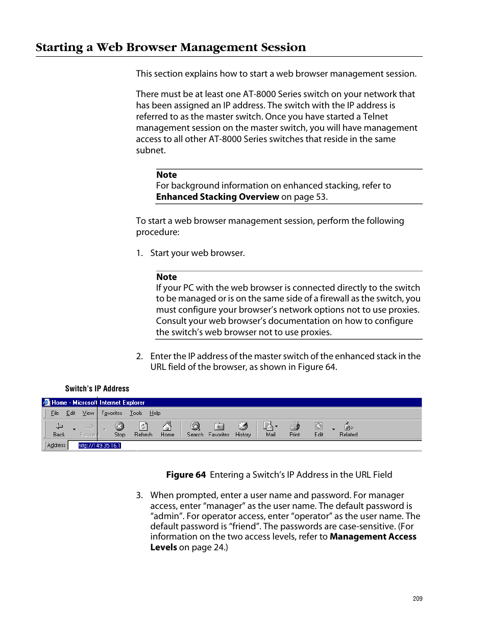 Starting a web browser management session | Allied Telesis AT-S39 User Manual | Page 209 / 299