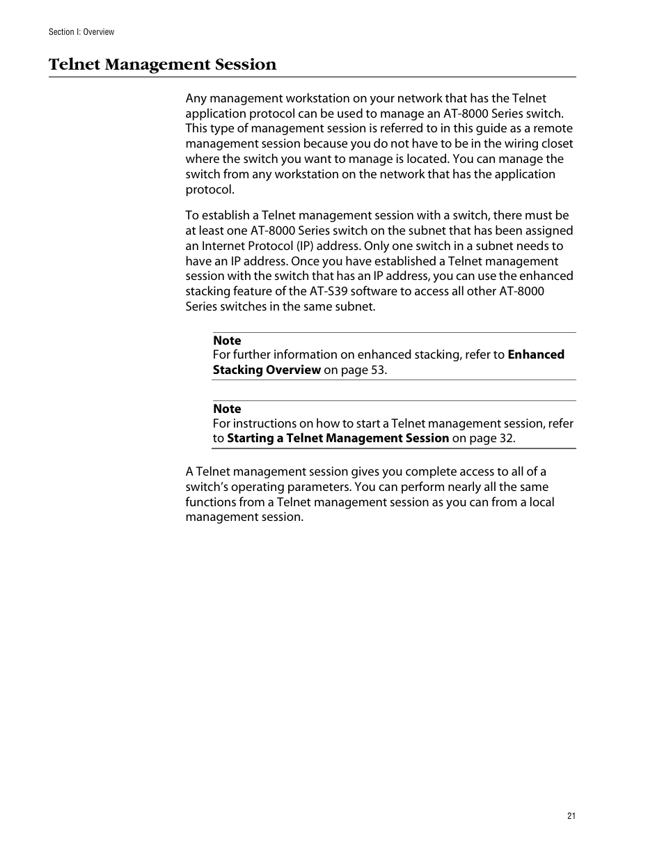 Telnet management session | Allied Telesis AT-S39 User Manual | Page 21 / 299