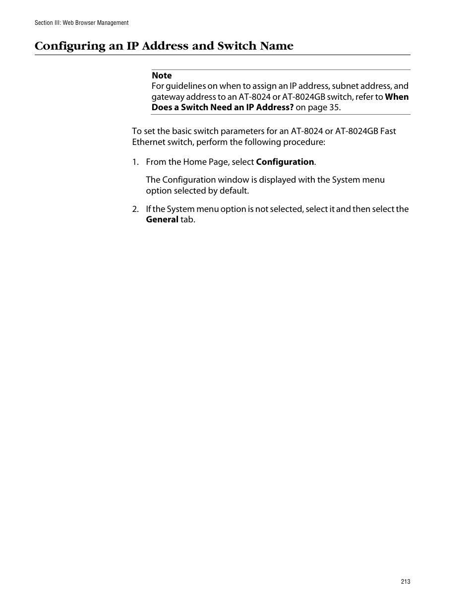 Configuring an ip address and switch name | Allied Telesis AT-S39 User Manual | Page 213 / 299